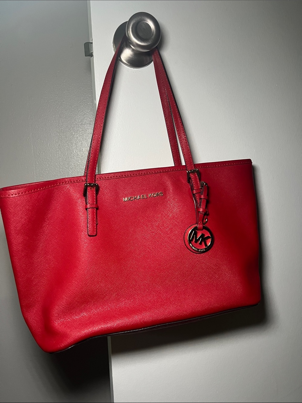 Michael Kors Red Saffiano Leather Tote Bag Gold MK Charm
